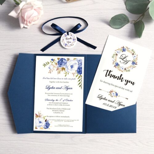 wedding invitation navy blue pocket