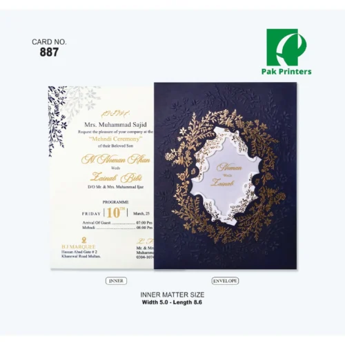 Wedding Invitation Card – Navy Gold Floral Frame – Article 887